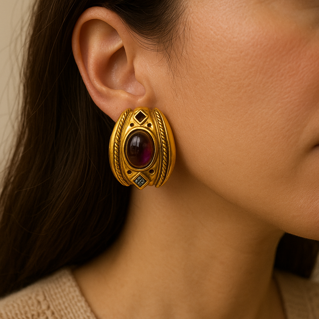 Vintage 18K Gold Clip-On Earrings with Amber and Blue Topaz Accents