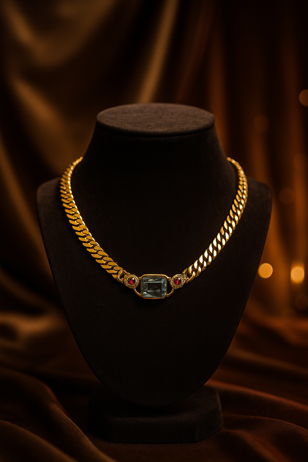 Vintage 18K Gold Curb Chain Necklace with Blue Topaz and Ruby