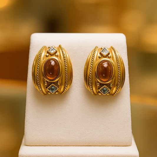 Vintage 18K Gold Clip-On Earrings with Amber and Blue Topaz Accents