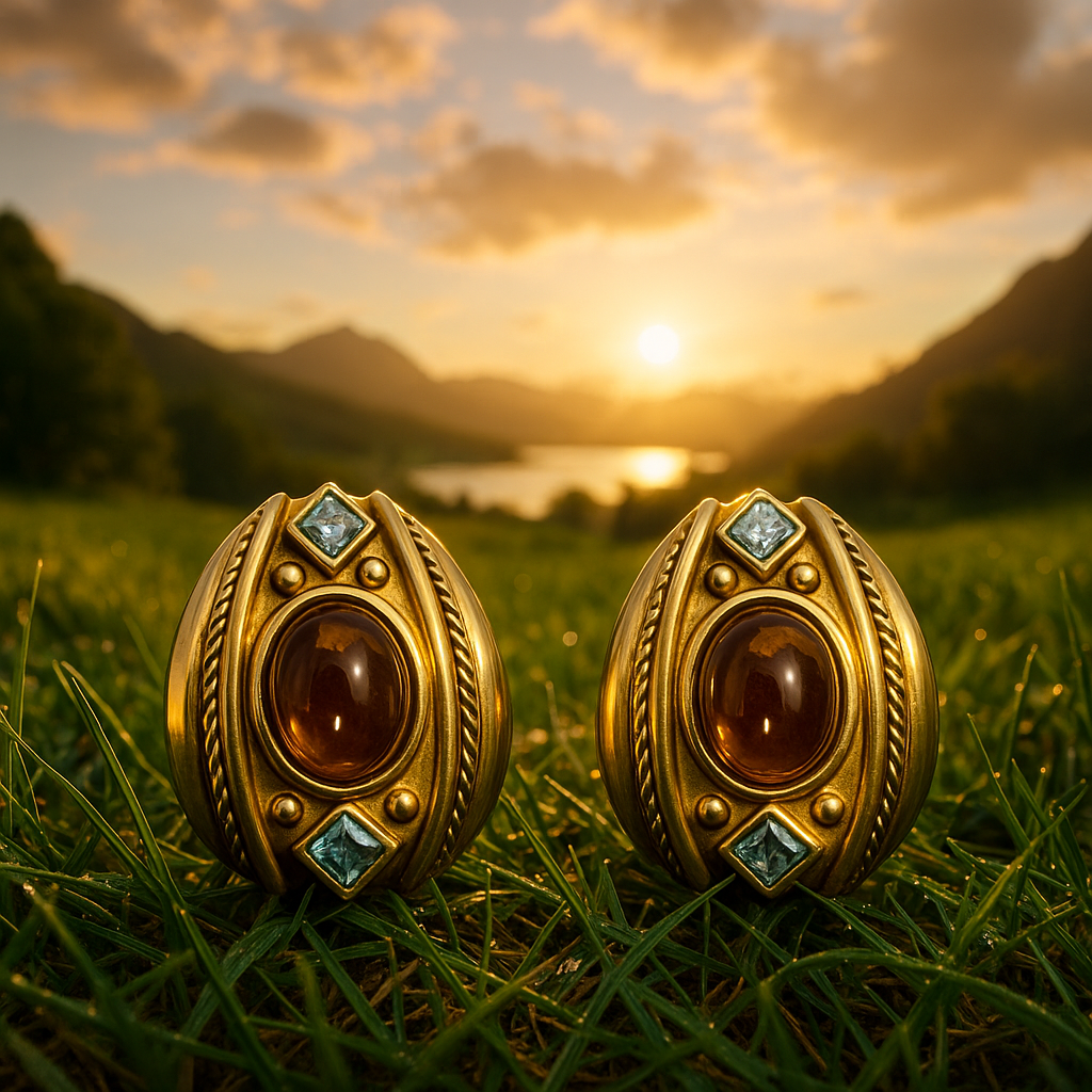 Vintage 18K Gold Clip-On Earrings with Amber and Blue Topaz Accents