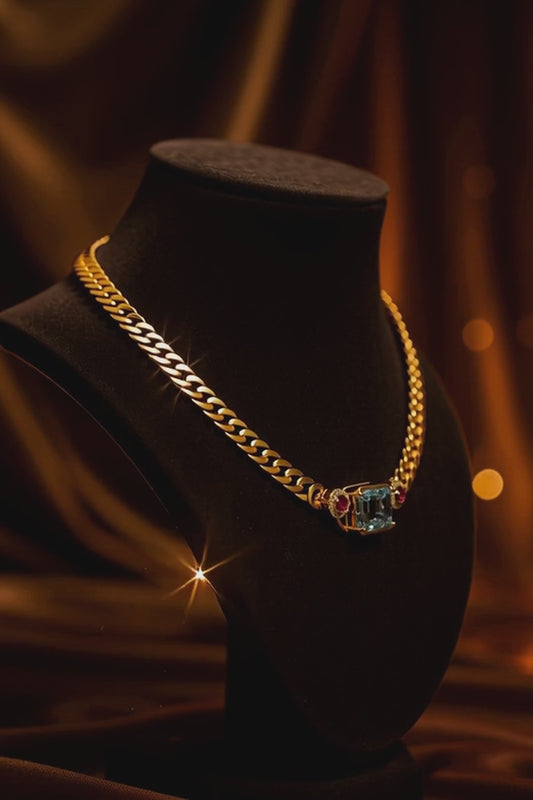 Vintage 18K Gold Curb Chain Necklace with Blue Topaz and Ruby